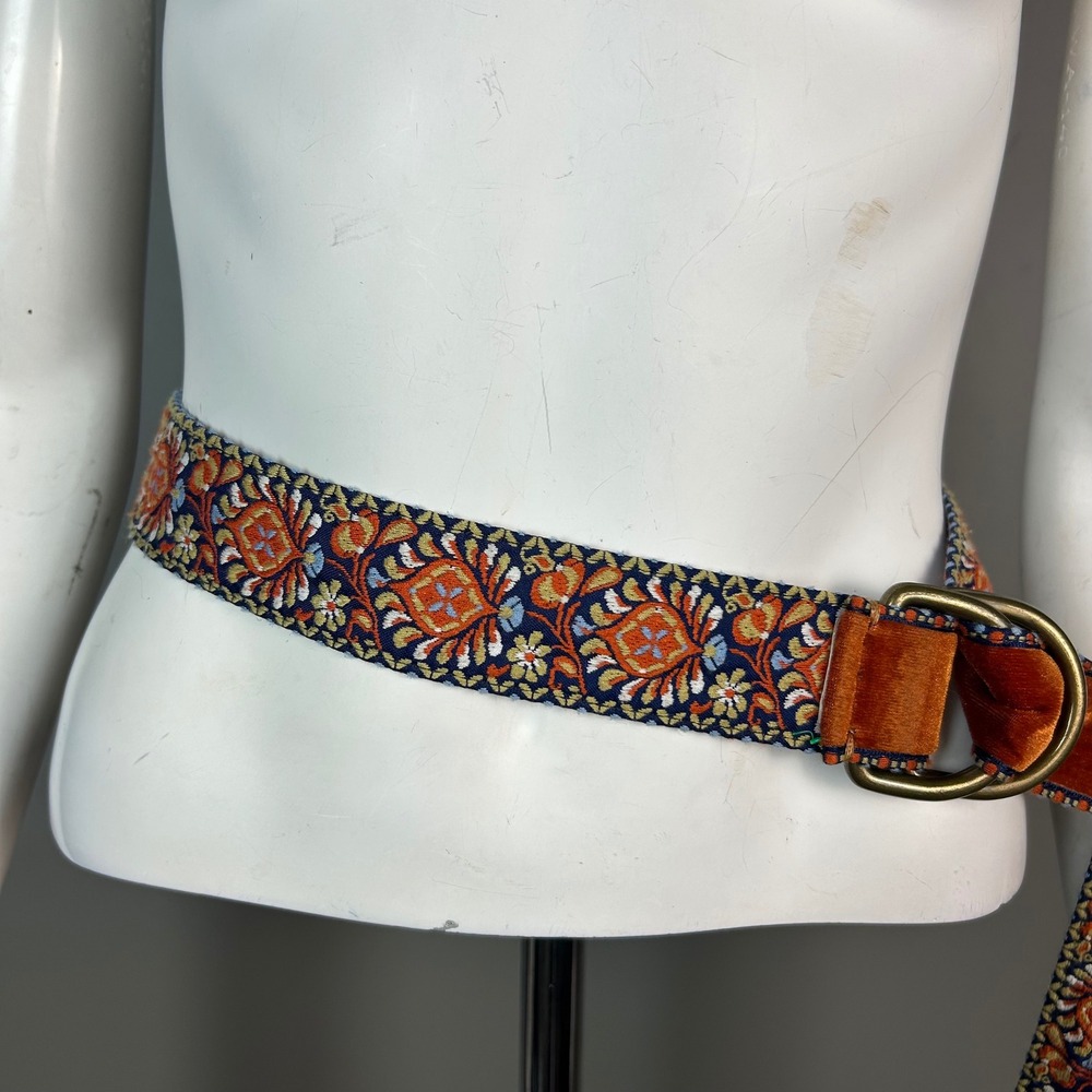 Boho Floral Tapestry Velvet Lined Double D-Ring Belt Burnt Orange Navy Blue